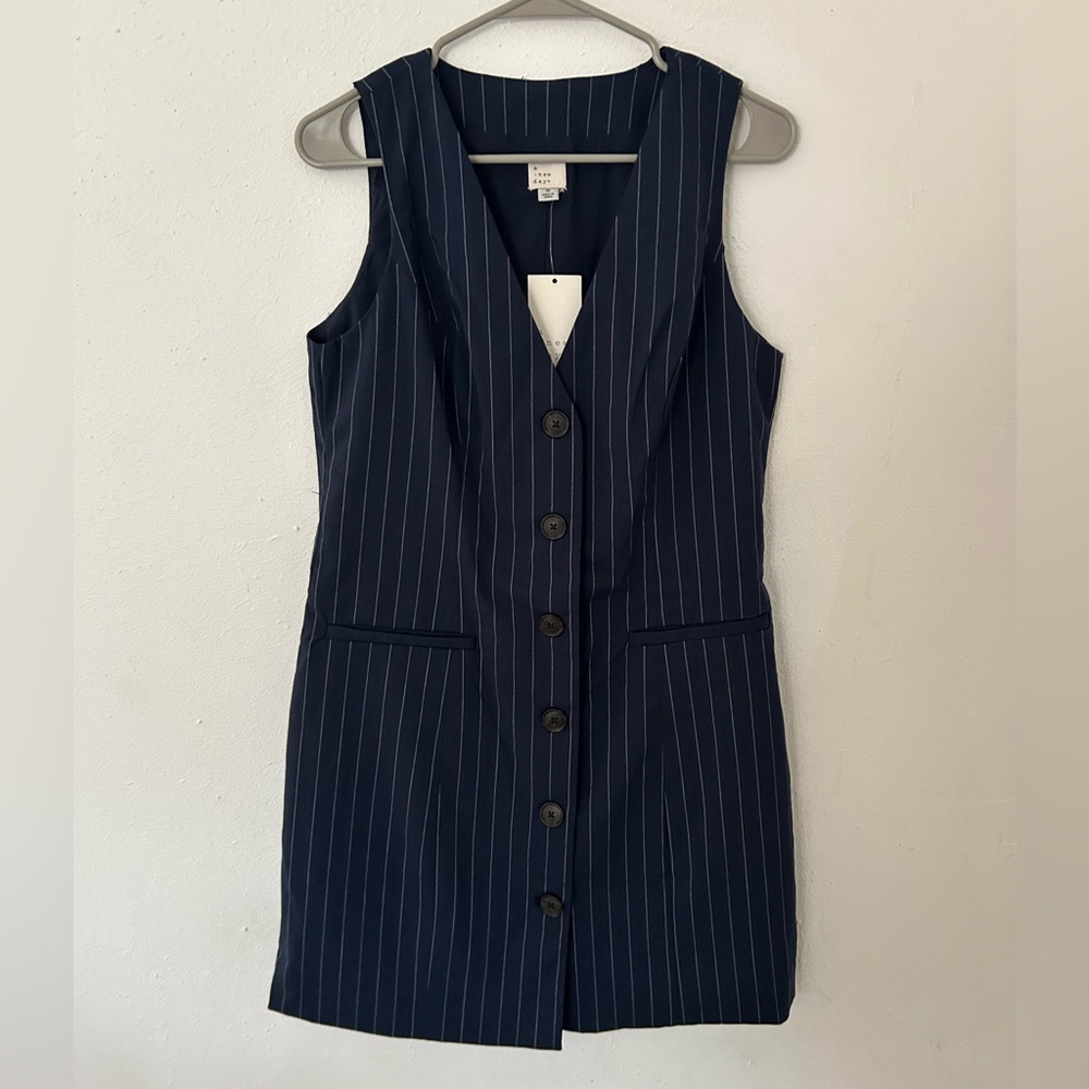 NWT A New Day Medium Navy Blue Pinstripe Tailored Mini Vest Dress